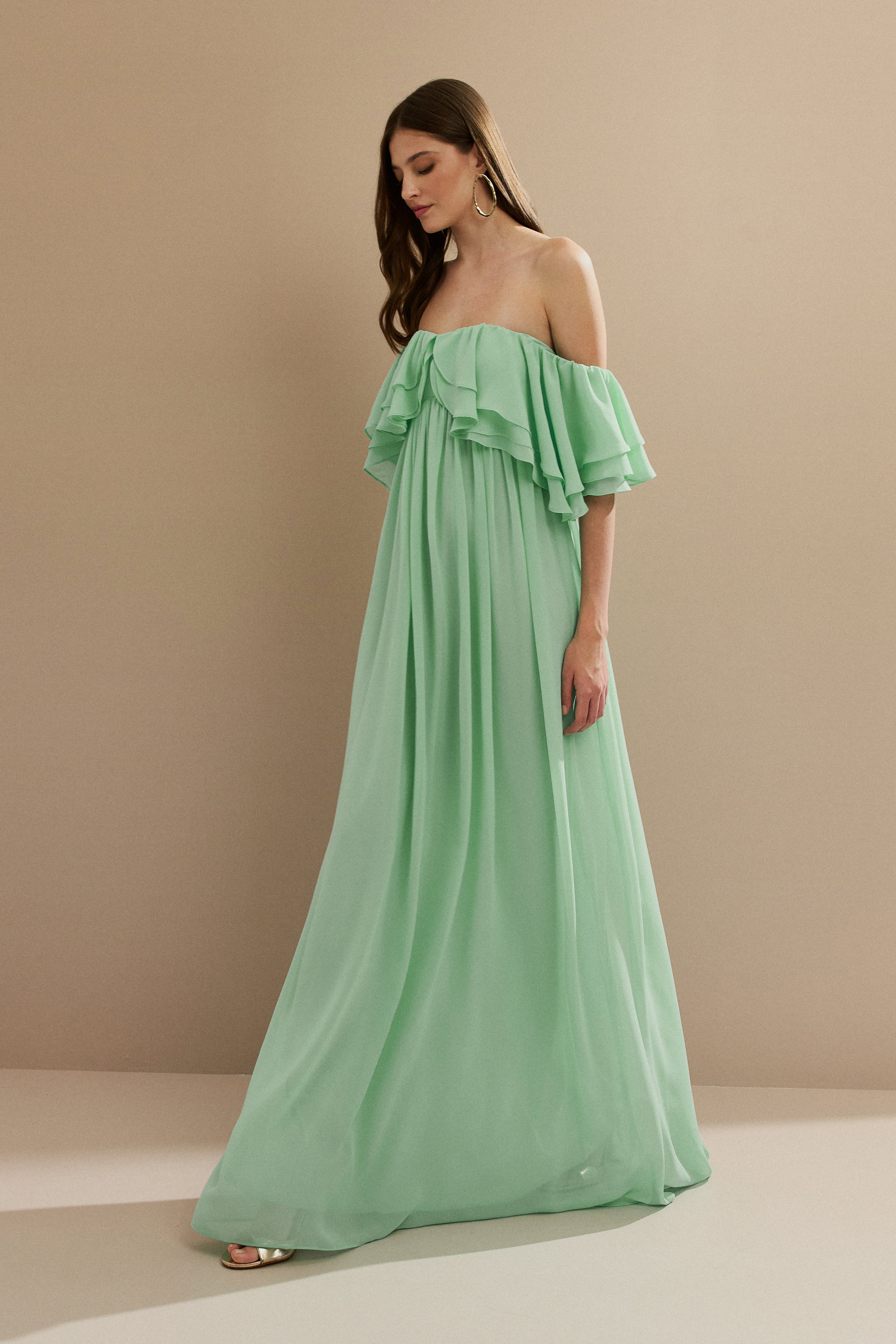 Vestido Longo em Chiffon com Mangas Ombro a Ombro e Babados - Himalaia Tiffany