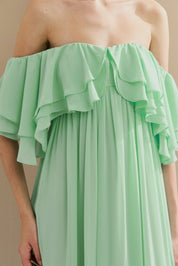 Vestido Longo em Chiffon com Mangas Ombro a Ombro e Babados - Himalaia Tiffany