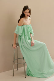 Vestido Longo em Chiffon com Mangas Ombro a Ombro e Babados - Himalaia Tiffany