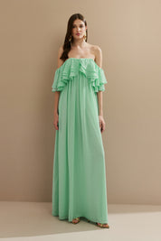 Vestido Longo em Chiffon com Mangas Ombro a Ombro e Babados - Himalaia Tiffany