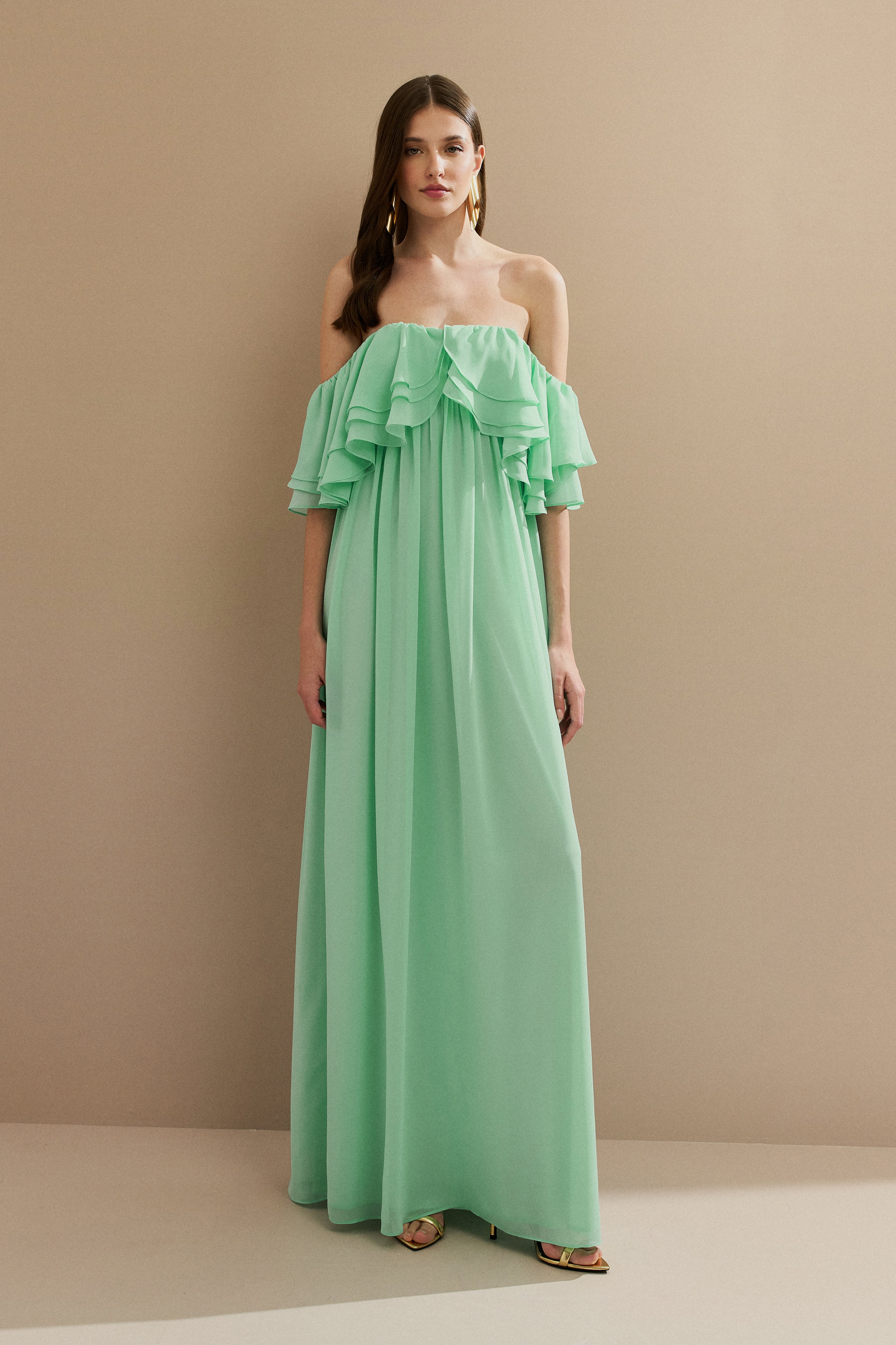 Vestido Longo em Chiffon com Mangas Ombro a Ombro e Babados - Himalaia Tiffany