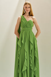 Vestido Longo em Chiffon com Ombro Único e Capa Lateral, Busto Franzido e Saia com Babados em Cascata - Turmalina Verde Claro Pistache