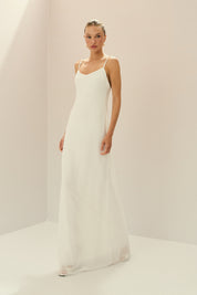 Vestido Longo em Chiffon com Shape Sereia, Costas Abertas, Cauda e Capa Removível - Lior Off White
