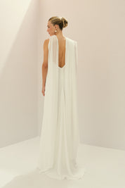 Vestido Longo em Chiffon com Shape Sereia, Costas Abertas, Cauda e Capa Removível - Lior Off White