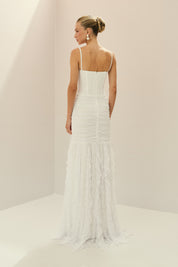 Vestido Longo em Renda com Decote Coração, Alças Finas e Drapeado no Quadril - Quartzo Off White