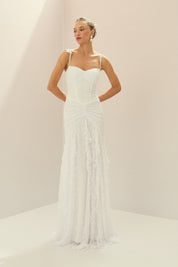 Vestido Longo em Renda com Decote Coração, Alças Finas e Drapeado no Quadril - Quartzo Off White
