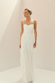 Vestido Longo em Renda com Decote Coração, Alças Finas e Drapeado no Quadril - Quartzo Off White