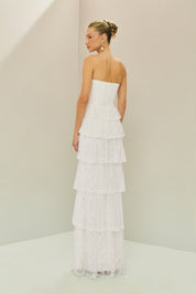 Vestido Longo em Renda com Decote Coração Sem Alças, Busto Estruturado e Saia com Babados em Camadas - Malibu Off White