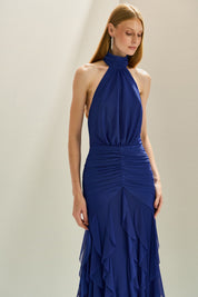 Vestido Longo em Tule Frente Única com Drapeado na Cintura e Babados em Cascata - Texas Azul Bic