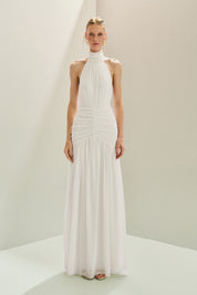 Vestido Longo em Tule Frente Única com Gola Alta Franzida e Drapeado na Saia - Pisa Off White