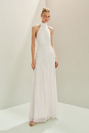 Vestido Longo em Tule Frente Única com Gola Alta Franzida e Drapeado na Saia - Pisa Off White