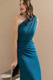 Vestido Longo em Tule Ombro Único com Drapeado no Busto e nas Costas - Hera Azul Petróleo