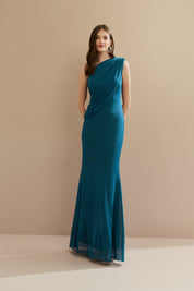 Vestido Longo em Tule Ombro Único com Drapeado no Busto e nas Costas - Hera Azul Petróleo