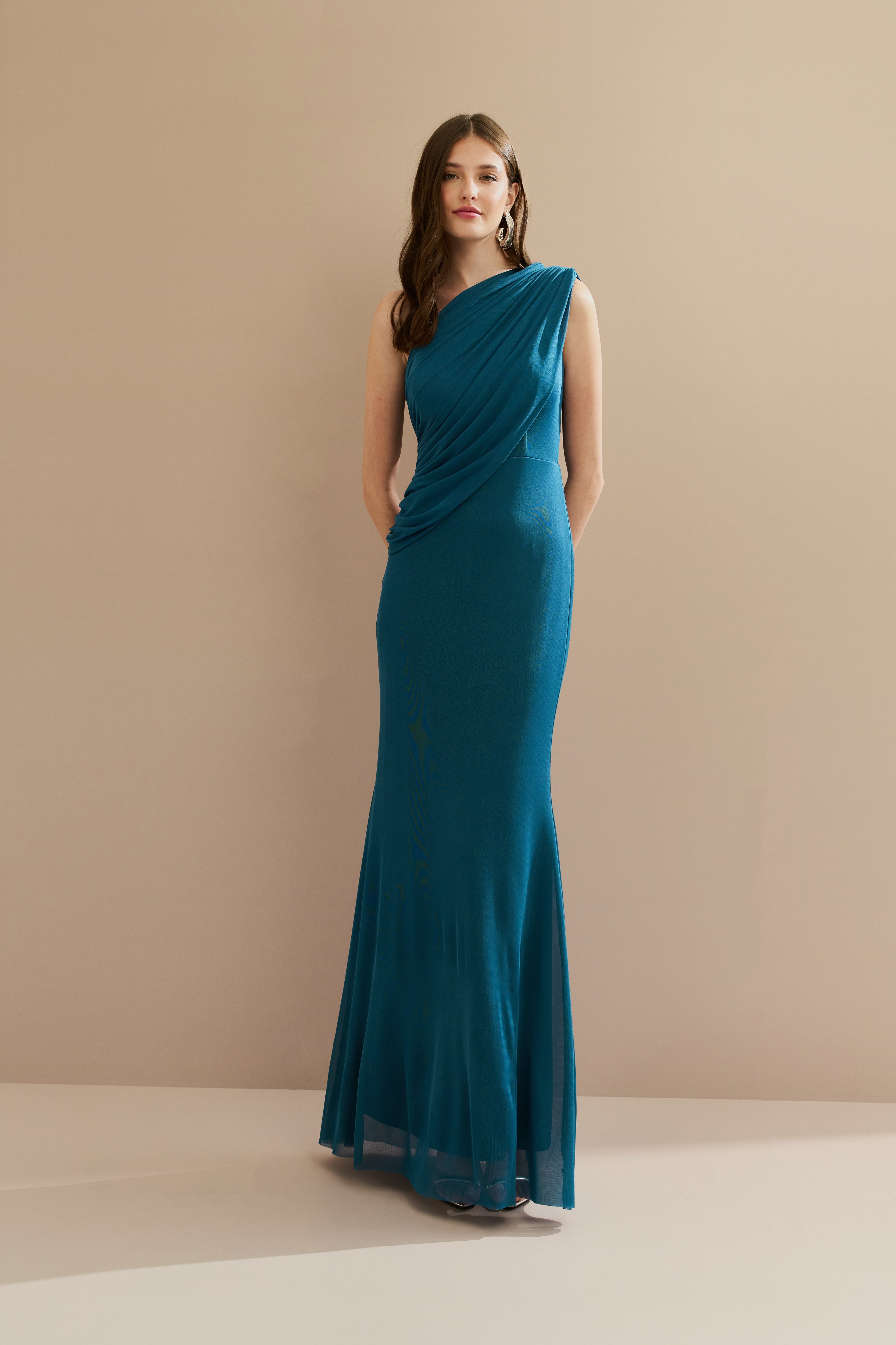 Vestido Longo em Tule Ombro Único com Drapeado no Busto e nas Costas - Hera Azul Petróleo