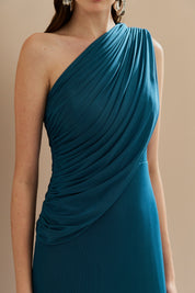 Vestido Longo em Tule Ombro Único com Drapeado no Busto e nas Costas - Hera Azul Petróleo