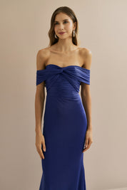 Vestido Longo em Tule Ombro a Ombro com Nó Frontal e Franzido no Busto e Cintura - Estrela Azul Bic