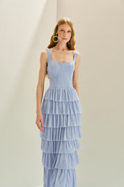 Vestido Longo em Tule com Alças e Decote Quadrado, Saia com Babados em Camadas - Livine Azul Serenity