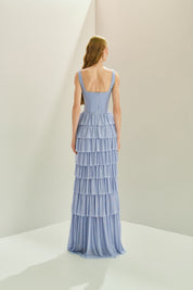 Vestido Longo em Tule com Alças e Decote Quadrado, Saia com Babados em Camadas - Livine Azul Serenity