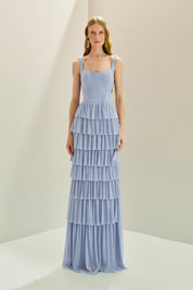 Vestido Longo em Tule com Alças e Decote Quadrado, Saia com Babados em Camadas - Livine Azul Serenity