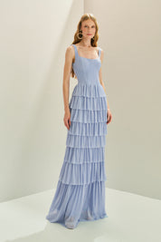 Vestido Longo em Tule com Alças e Decote Quadrado, Saia com Babados em Camadas - Livine Azul Serenity