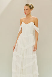 Vestido Longo em Tule com Busto Estruturado, Mangas Caídas e Saia em Camadas com Babados - Bari Off White