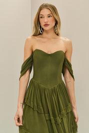 Vestido Longo em Tule com Busto Estruturado, Mangas Caídas e Saia em Camadas com Babados - Bari Verde Oliva
