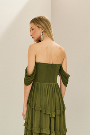 Vestido Longo em Tule com Busto Estruturado, Mangas Caídas e Saia em Camadas com Babados - Bari Verde Oliva