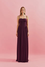 Vestido Longo em Tule com Busto Estruturado e Saia Drapeada - Calgari Marsala Escuro