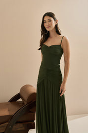 Vestido Longo em Tule com Decote Coração, Alças Finas e Drapeado no Quadril - Nicarágua Verde Oliva