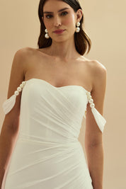 Vestido Longo em Tule com Decote Coração, Drapeado no Corpo, Shape Sereia e Mangas Caídas com Pérolas - Essência Off White