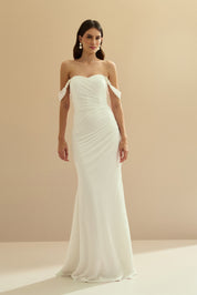 Vestido Longo em Tule com Decote Coração, Drapeado no Corpo, Shape Sereia e Mangas Caídas com Pérolas - Essência Off White