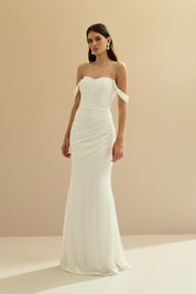 Vestido Longo em Tule com Decote Coração, Drapeado no Corpo, Shape Sereia e Mangas Caídas com Pérolas - Essência Off White