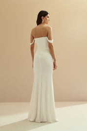 Vestido Longo em Tule com Decote Coração, Drapeado no Corpo, Shape Sereia e Mangas Caídas com Pérolas - Essência Off White