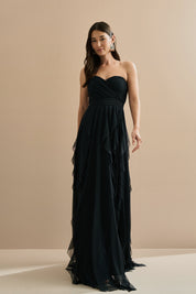 Vestido Longo em Tule com Decote Coração Franzido, Sem Alças e Saia Volumosa com Babados em Cascata - Luce Azul Marinho