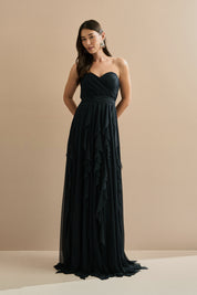 Vestido Longo em Tule com Decote Coração Franzido, Sem Alças e Saia Volumosa com Babados em Cascata - Luce Azul Marinho