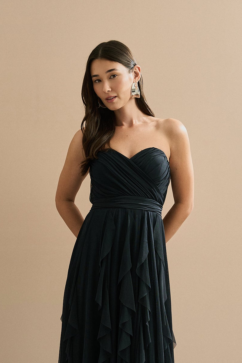 Vestido Longo em Tule com Decote Coração Franzido, Sem Alças e Saia Volumosa com Babados em Cascata - Luce Azul Marinho