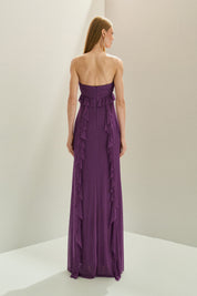 Vestido Longo em Tule com Decote Coração Sem Alças, Busto Drapeado Torcido e Saia com Babados em Cascata - Sardenha Roxo Claro