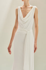 Vestido Longo em Tule com Decote Degagê e Amarração na Cintura - Acapulco Off White