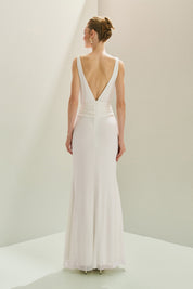 Vestido Longo em Tule com Decote Degagê e Amarração na Cintura - Acapulco Off White