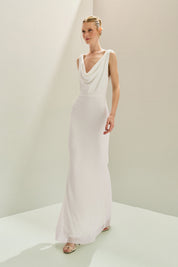 Vestido Longo em Tule com Decote Degagê e Amarração na Cintura - Acapulco Off White
