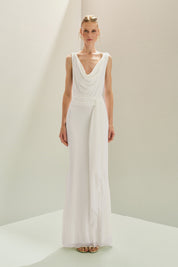 Vestido Longo em Tule com Decote Degagê e Amarração na Cintura - Acapulco Off White