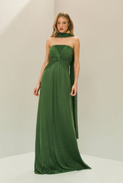 Vestido Longo em Tule com Decote Reto, Torção no Busto e Echarpe - Fiora Verde Bandeira