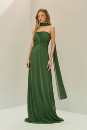 Vestido Longo em Tule com Decote Reto, Torção no Busto e Echarpe - Fiora Verde Bandeira