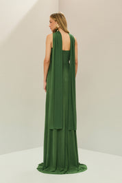 Vestido Longo em Tule com Decote Reto, Torção no Busto e Echarpe - Fiora Verde Bandeira