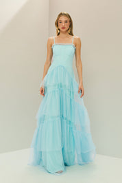 Vestido Longo em Tule com Decote Semi Coração e Saia de Babados - Provença Azul Serenity