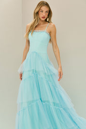 Vestido Longo em Tule com Decote Semi Coração e Saia de Babados - Provença Azul Serenity