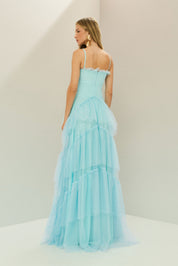 Vestido Longo em Tule com Decote Semi Coração e Saia de Babados - Provença Azul Serenity