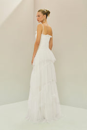 Vestido Longo em Tule com Decote Semi Coração e Saia de Babados - Provença Off White