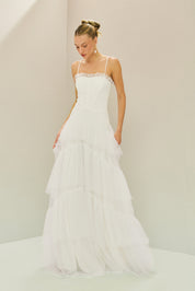 Vestido Longo em Tule com Decote Semi Coração e Saia de Babados - Provença Off White