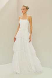 Vestido Longo em Tule com Decote Semi Coração e Saia de Babados - Provença Off White